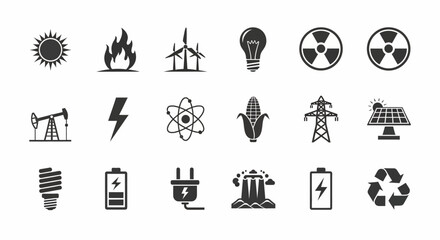 Energy Source Icons: Renewable, Non-Renewable, and Conservation Symbols