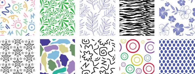 set of abstract geometric patterns on white, Colorful and abstract hand-drawn seamless pattern bundle featuring floral, geometric, animal skin, and doodle elements. Perfect for textiles, backgrounds, 