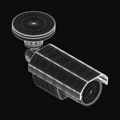 A 3D wireframe model of a security camera on a black background highlights its sleek design and technical components. The detailed structure showcases the lens, housing, and mounting bracket