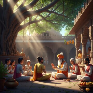 Gurukul Scene with Blessings &ndash; Realistic Indian Guru Art