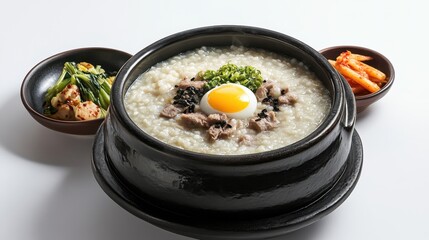 Delicious Korean Soup with Egg and Side Dishes in a Black Pot