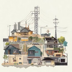 Hillside Homes with Power Lines, and Illustration.