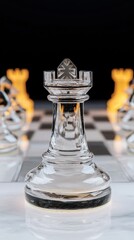 Clear Glass Chess Piece with Rooks and Checkered Board Background