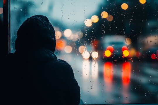 Rainy City Bus Ride with Silhouette.