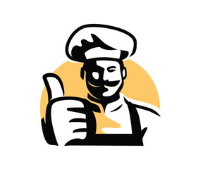 Chef giving thumbs up symbol. Baker, cook in hat emblem for restaurant or cafe menu