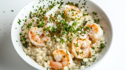 Creamy Shrimp Risotto with Fresh Herbs and Grated Cheese Garnish