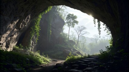 Cave entrance lit from outside &mdash; silhouette of rugged stone arch and climbing plants
