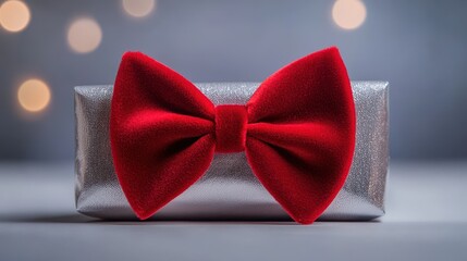 Elegant Silver Gift Box with Red Bow on Soft Blurred Background