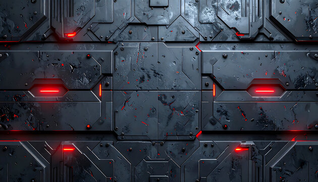 Futuristic gray metallic background with red neon lights offers a high tech, modern aesthetic for sci-fi projects.