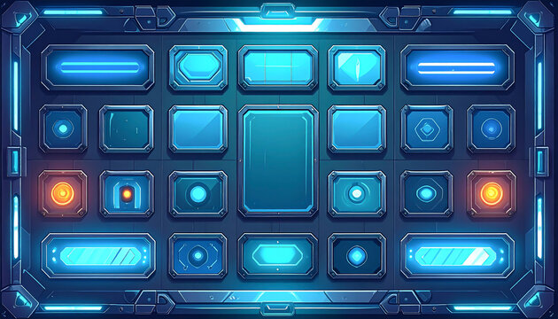 Futuristic control panel displays an array of illuminated interfaces, perfect for sci-fi and technology themes with glowing accents.