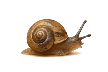 Snail gliding over surface, detailed spiral shell and glistening body revealing intricate natural texture against clean transparent backdrop