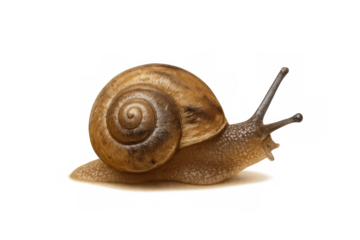 Snail gliding over surface, detailed spiral shell and glistening body revealing intricate natural texture against clean transparent backdrop