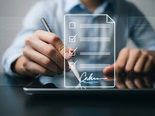 Person signing a digital document on a tablet with a stylus completing a checklist with a signature
