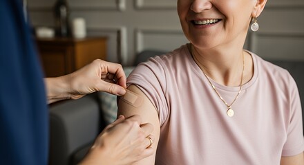 Elderly Woman Receiving a Vaccination Shot A Post Vaccination Bandage Application