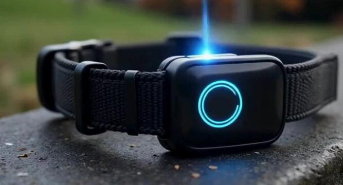 Pet collar with GPS tracking and activity monitoring technology concept