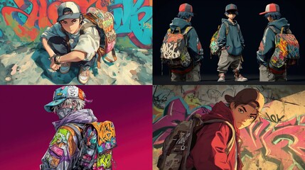 Fototapeta premium A collage showcases four anime-style illustrations of a young person, each in a different pose, wearing a graffiti-patterned backpack and a cap, set against vibrant graffiti backdrops