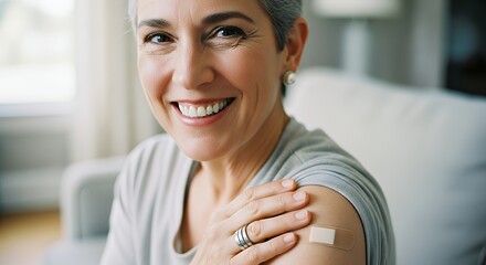 Smiling Mature Woman Shows Off Bandage After Vaccination Shot at Home