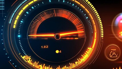 Futuristic speedometer interface displaying metrics with vibrant colors and digital elements in background - Powered by Adobe