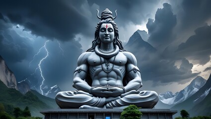 Obraz premium Lord Shiva Statue in Meditation: A majestic statue of Lord Shiva, in a serene meditative posture, against a dramatic backdrop of mountains and a stormy sky, evoking spirituality and reverence.
