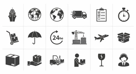 Collection of Black and White Shipping and Delivery Icons