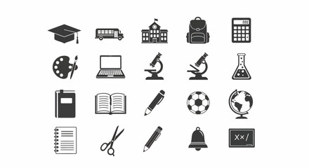 Collection of Twenty Black and White School Supply Icons