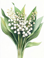 Fototapeta premium Lily of valley flowers with green leaves in botanical illustration, showcasing delicate white bell shaped blooms. artwork captures elegance and simplicity of these springtime flowers