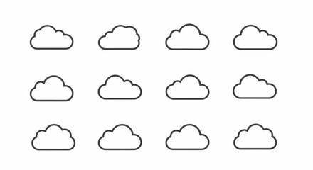 Set of Twelve Minimalist Cloud Icons with Black Outline on White Background