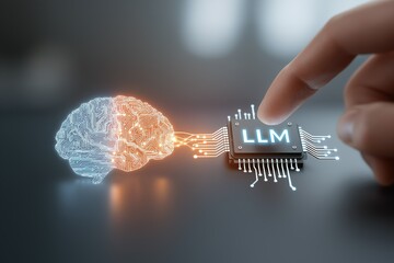 A hand connecting a human brain icon with an "LLM" processor chip icon, a concept of human intelligence augmented by Large Language Models for business strategy and innovation.