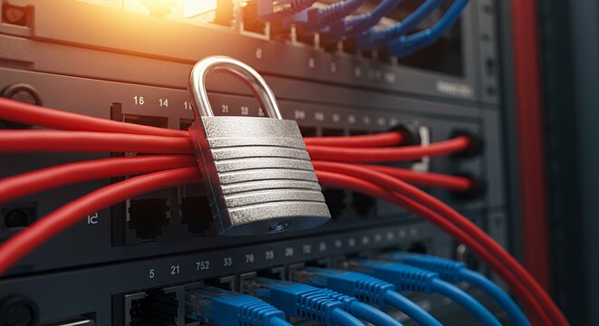 Data Center Network Security: Padlock Securing Server Cables, Ensuring Digital Fortress
