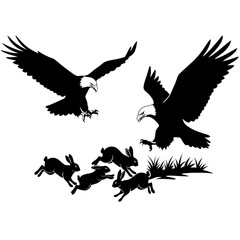 Obraz premium Eagles swoop down to hunt a group of running hares silhouette