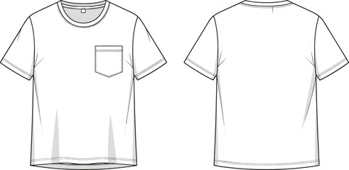 Basic t-shirt front and back technical sketch, flat vector template with pocket detail, minimalist clothing cad design, unisex fashion illustration