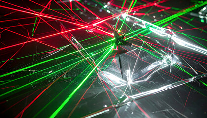 Vibrant lights create an abstract illusion with red and green lasers illuminating reflective metallic surface for a dynamic, modern design.