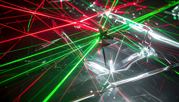Vibrant lights create an abstract illusion with red and green lasers illuminating reflective metallic surface for a dynamic, modern design.