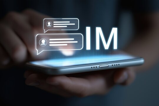 Hand - held smartphone with glowing IM (instant messaging) icons and chat bubbles, ideal for digital communication and tech - related projects