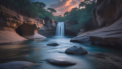 Beautiful waterfall scenery with lush greenery and rocks creates a serene nature landscape scene in the twilight.