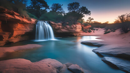 Beautiful waterfall cascading over red rocks into a serene pool surrounded by nature and lush vegetation at dusk
