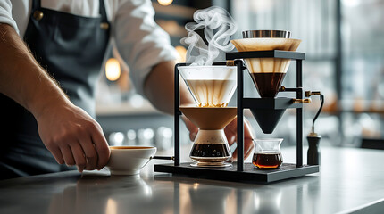 Barista prepares a fresh pour-over coffee with aroma, a beverage perfect for a cafe or coffee shop service.