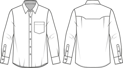 Men’s button-up shirt technical flat sketch, front and back CAD drawing, long sleeve shirt template vector illustration for fashion design