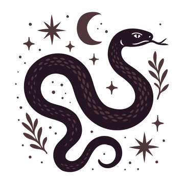 Kundalini Snake Rising: Spiritual Awakening and Energy Flow in Mystical Dimensions. Mystic Abstract Snake in Bohemian Style.