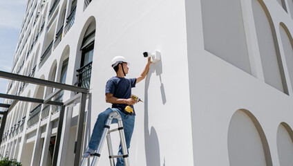 A technician installs a CCTV camera on the facade of a residential building