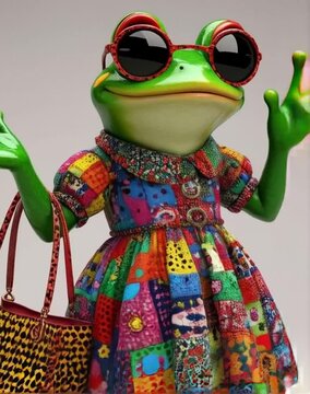 Frog fashionista in stylish outfits, playful and confident, posing for a cartoon video against a colorful background with copy space