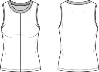 Women’s tank top flat sketch front and back view, technical fashion drawing, sleeveless shirt CAD template, vector apparel design