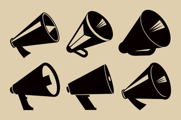 Megaphone silhouette vector set with different styles in black flat design