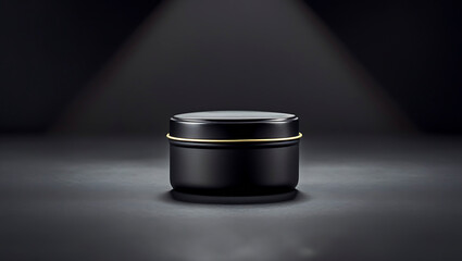 Elegant dark container with golden accent showcased in a spotlight against a gradient dark gray background.