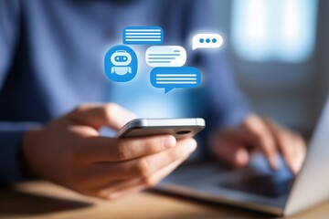 Person using smartphone and laptop with floating chat - bot and message icons, suitable for digital communication and tech - related uses 