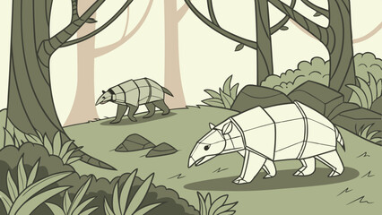 geometric illustration of armadillos in forest landscape with monochrome palette

