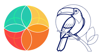 abstract logo design featuring geometric circle and toucan illustration
