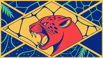 stylized illustration of roaring leopard with vibrant colors and bold patterns
