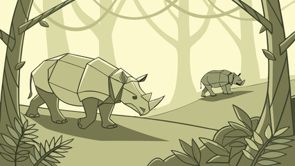 geometric illustration of rhinoceroses in forest setting with monochromatic color scheme
