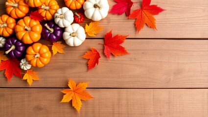 Fototapeta premium Autumn harvest pumpkins and colorful maple leaves on wooden background